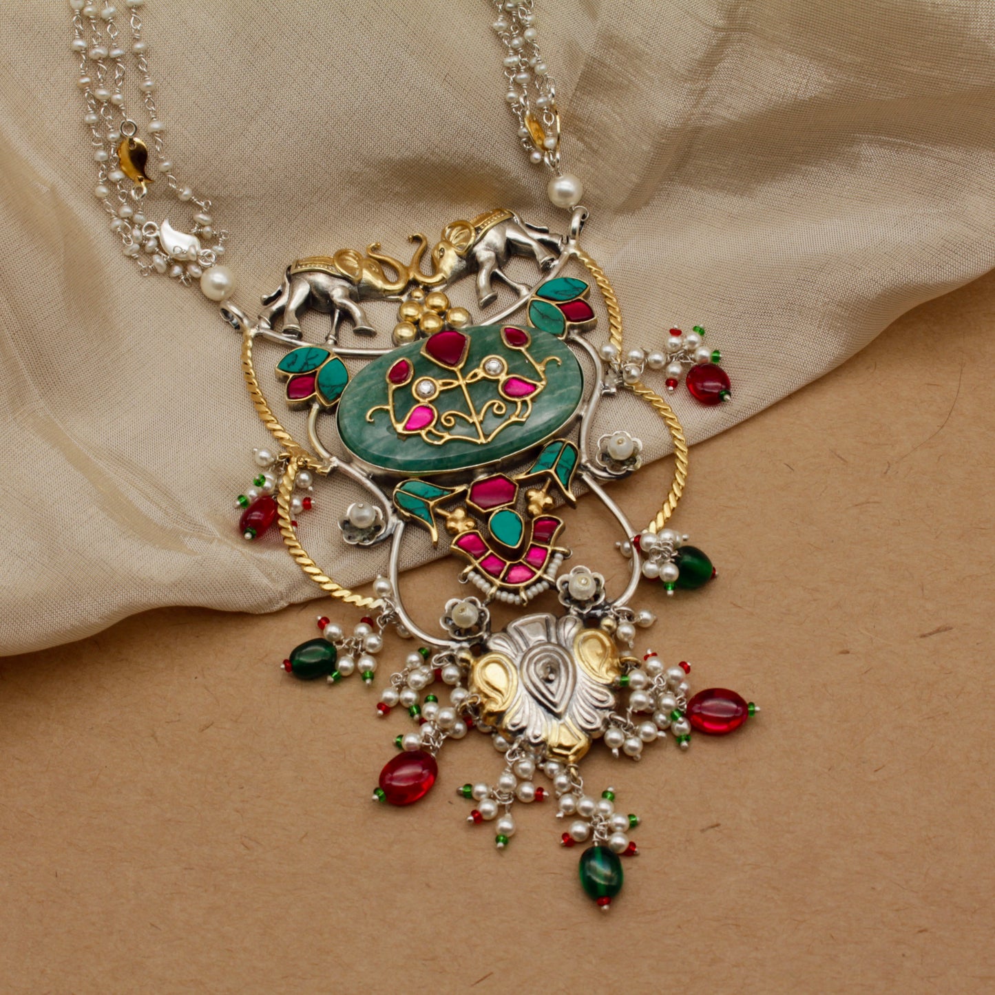 Elephant & Floral Enamel Pendant Necklace Set