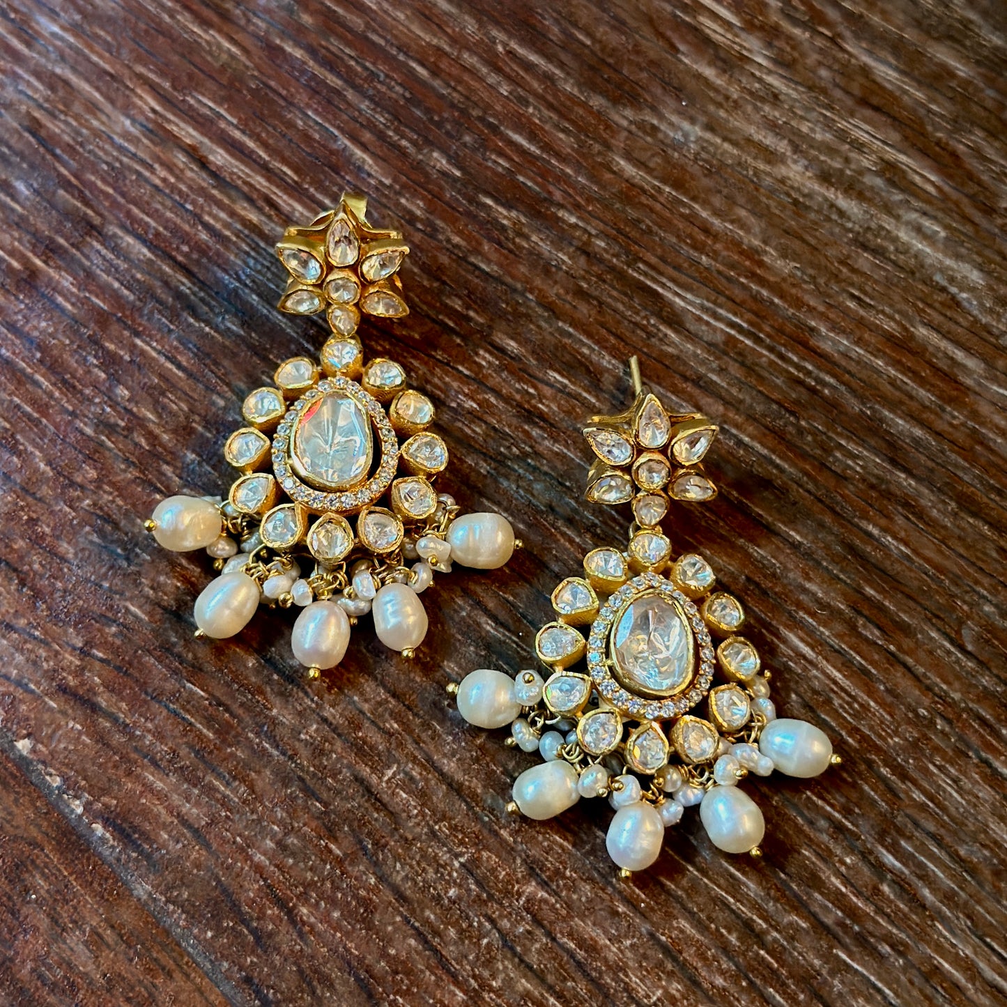 Pearl Cascade Uncut Chandbali Earrings