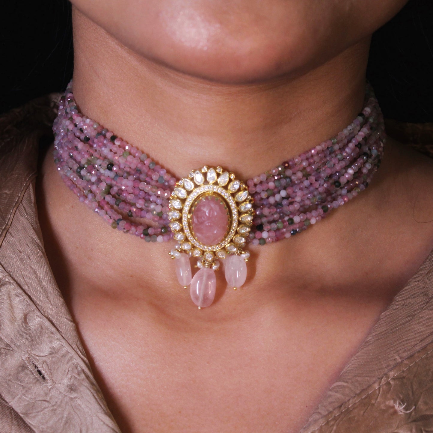 Vibrant Morganite Gemstone Choker with Uncut Polki Centerpiece