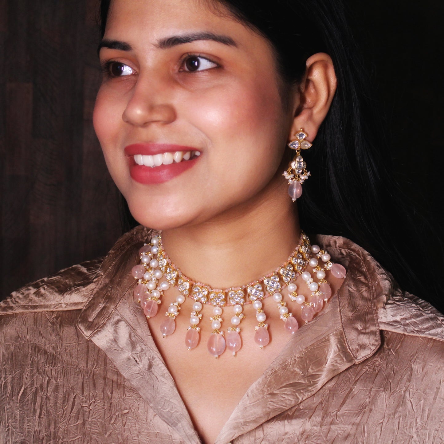 Rose Quartz Pearl Drop Choker Necklace Set