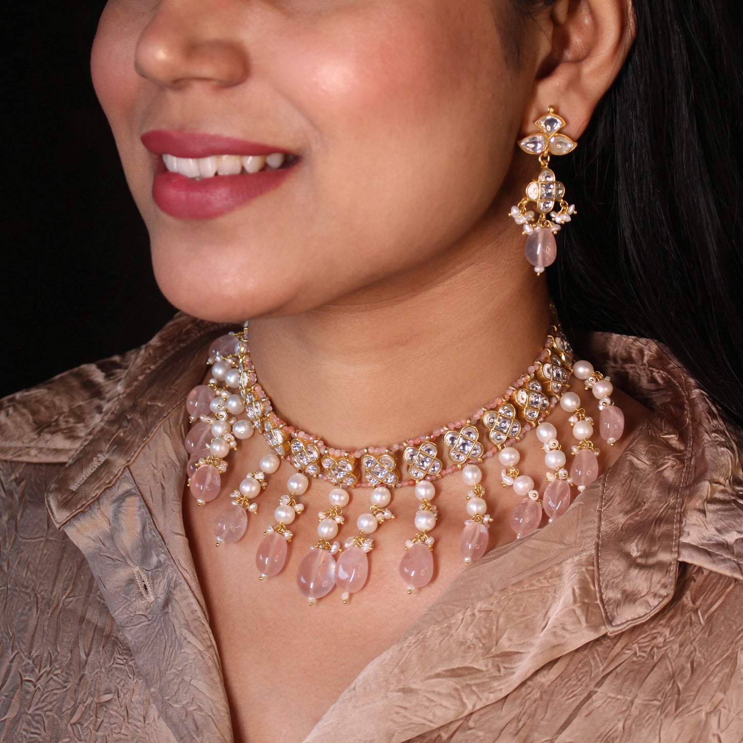 Rose Quartz Pearl Drop Choker Necklace Set