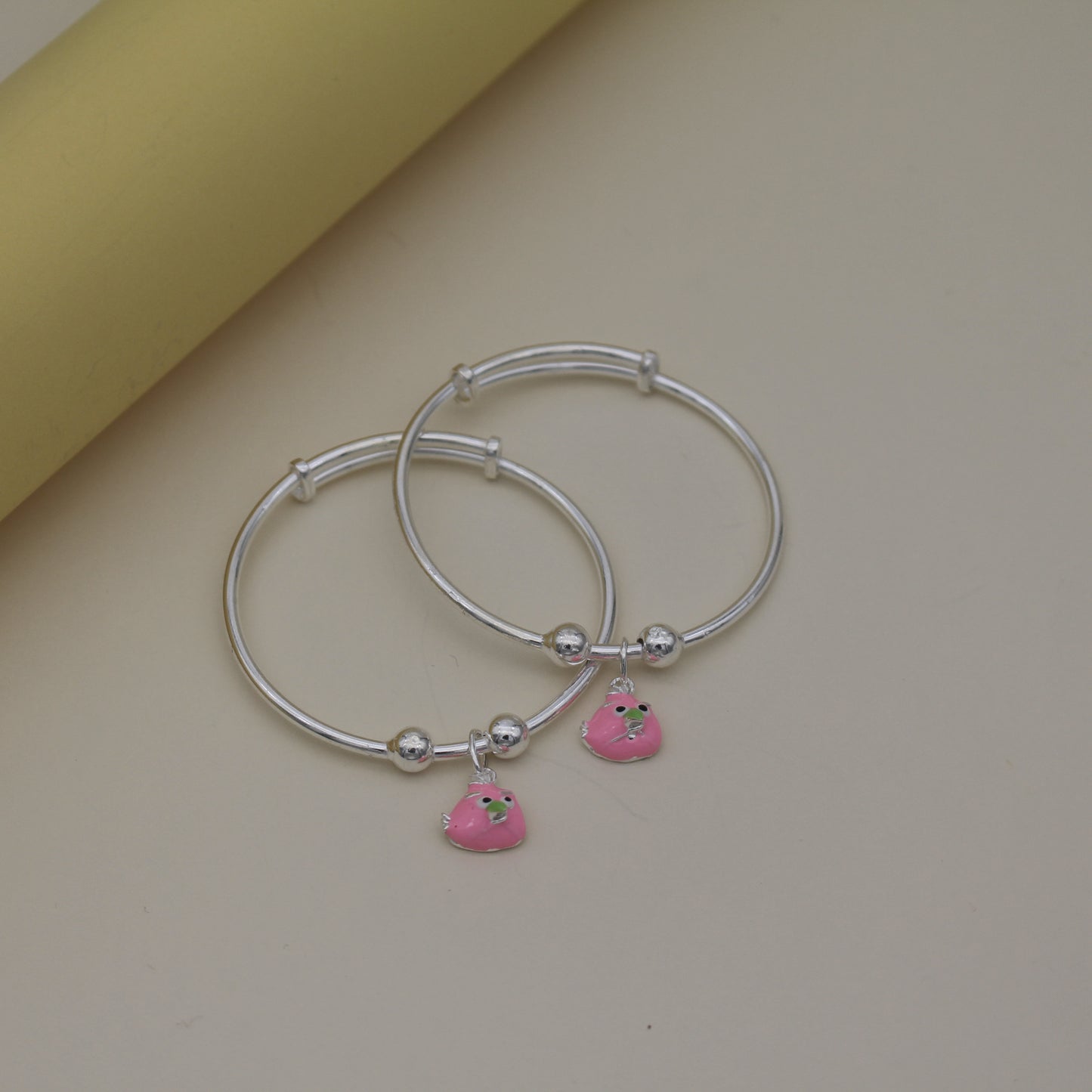 Pink Owl Silver Bangles