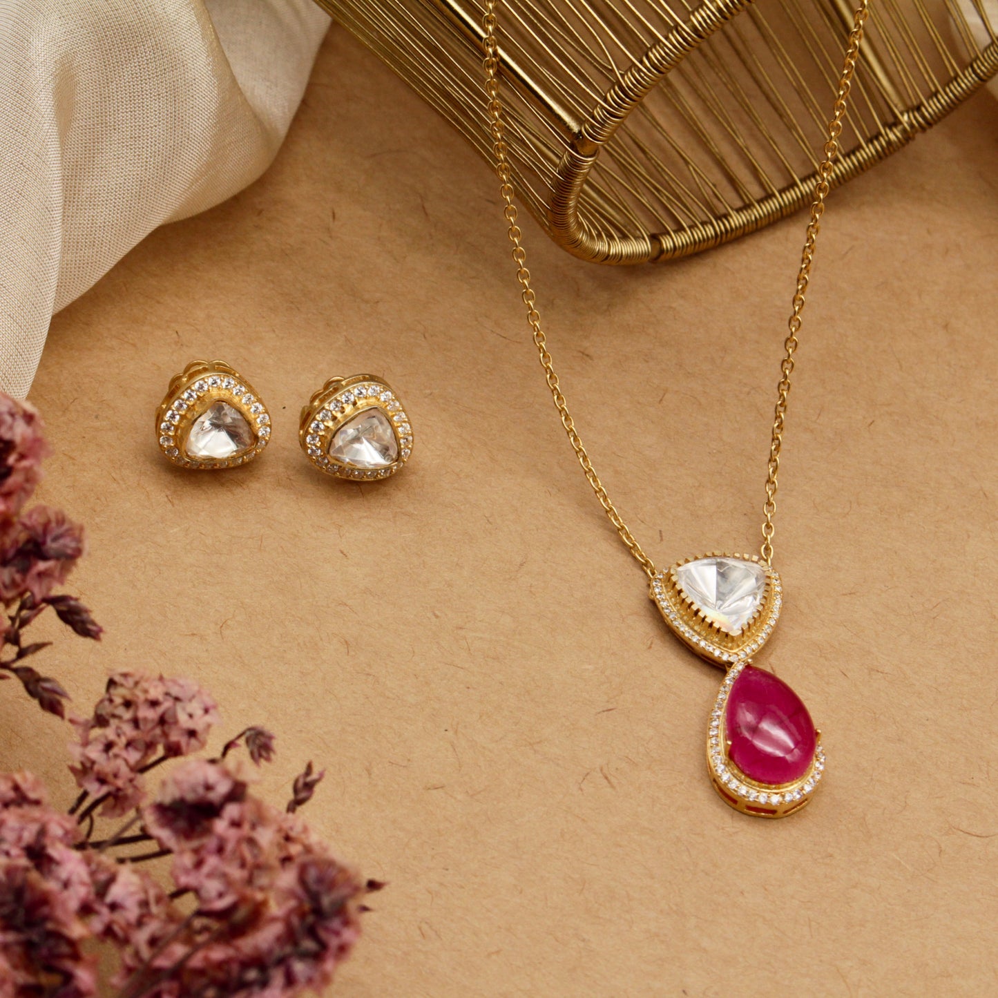 Elysian Uncut Polki & Ruby Drop Necklace Set