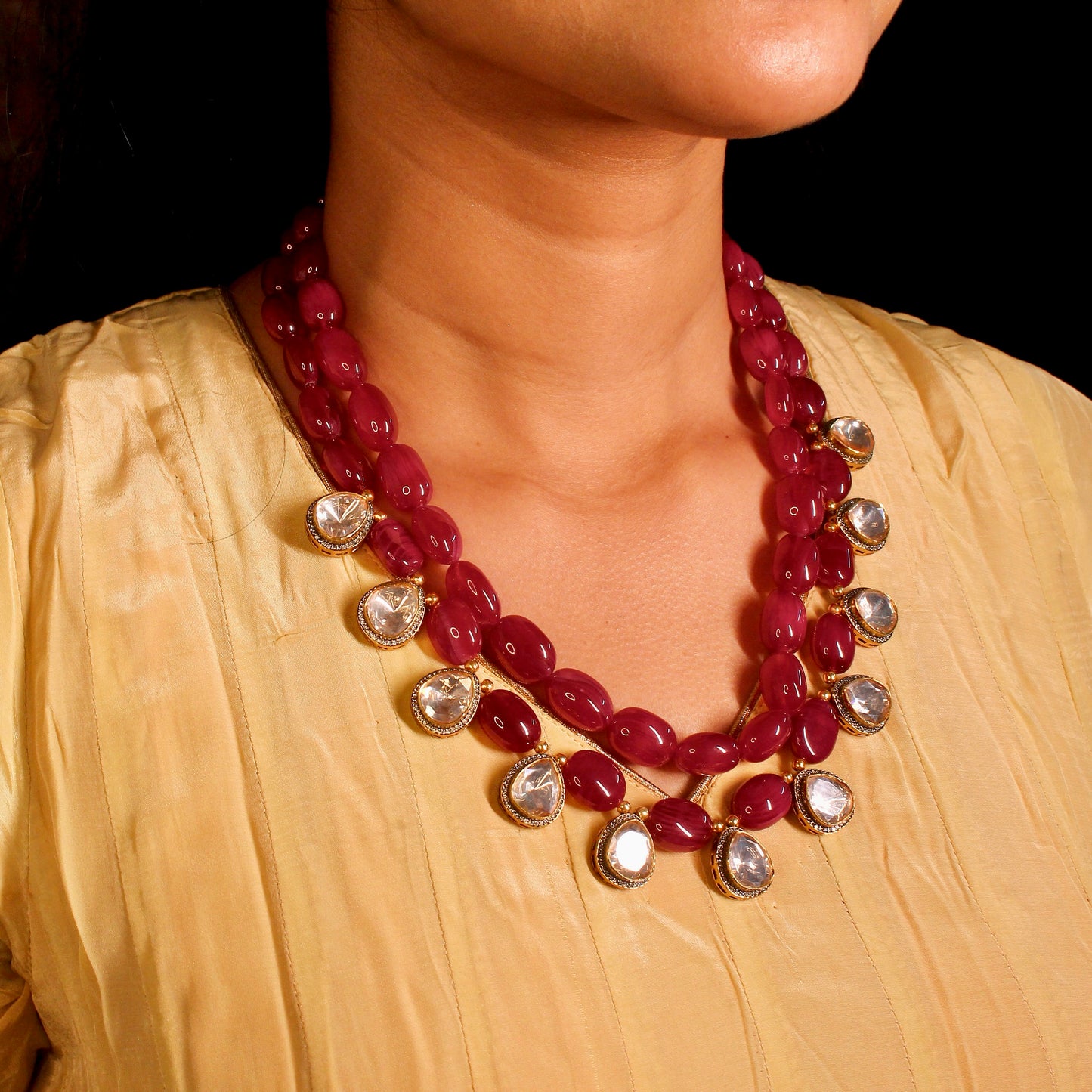 Ruby Beaded Polki Necklace Set