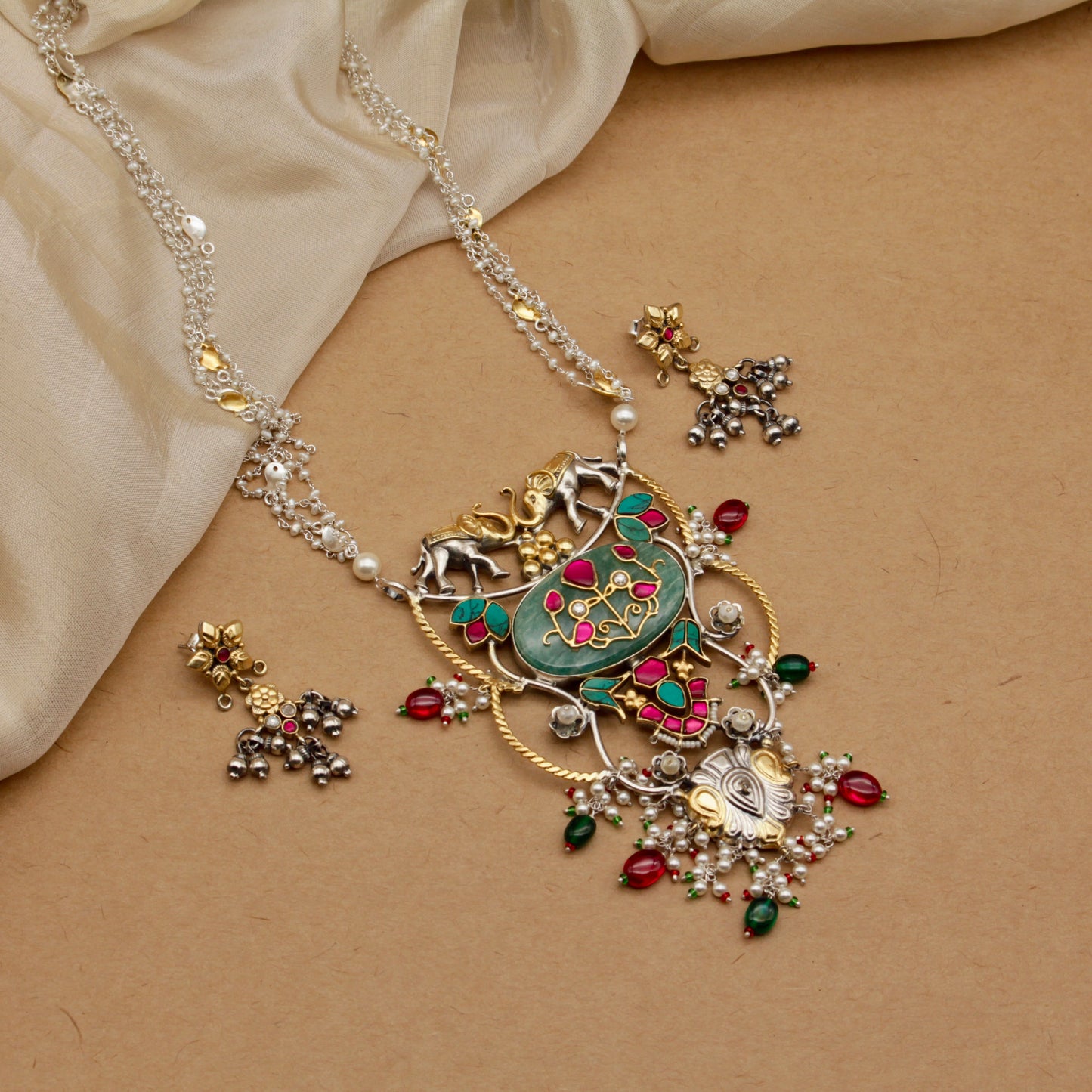 Elephant &amp; Floral Enamel Pendant Necklace Set