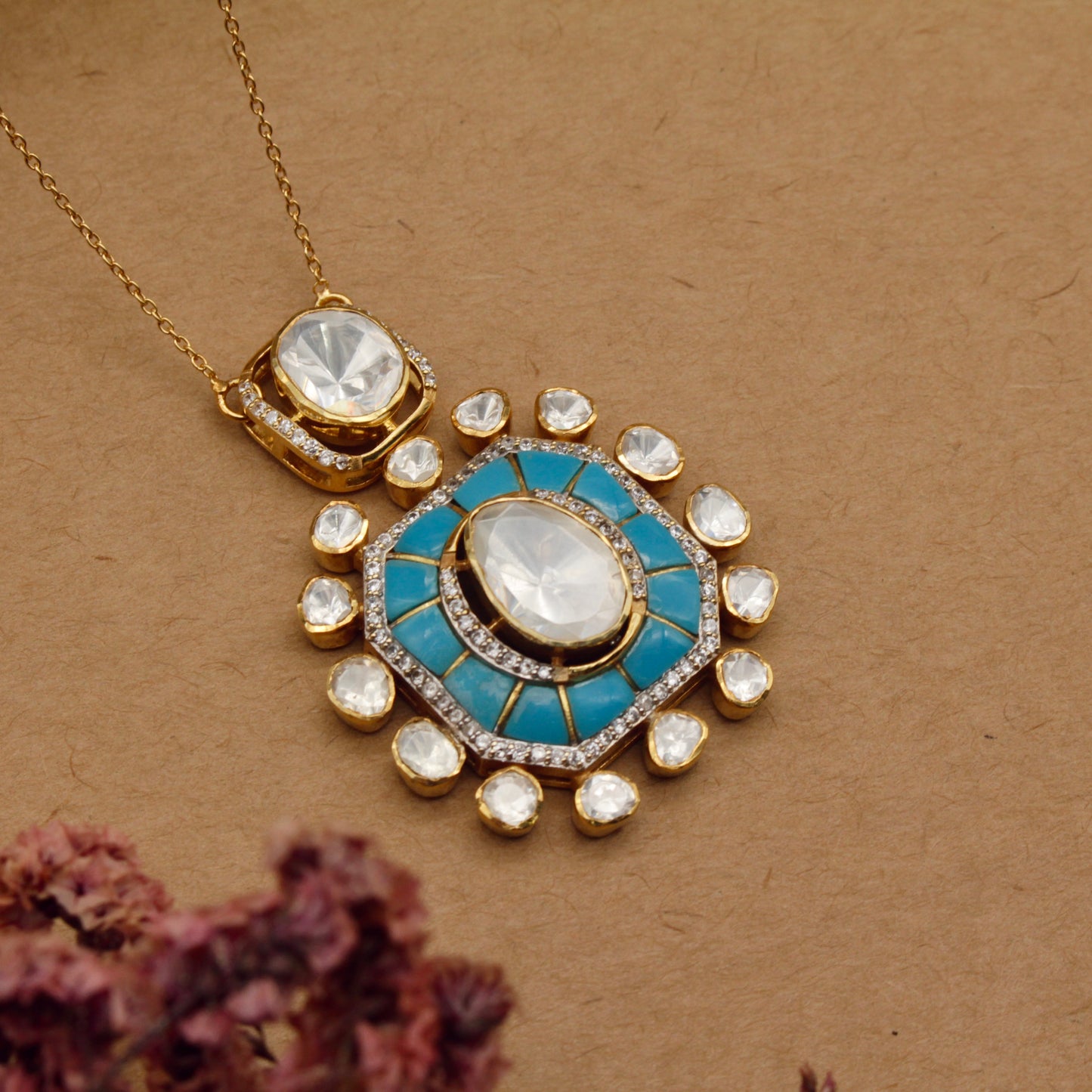 Minimal Gold &  Uncut Polki Linear Pendant Set