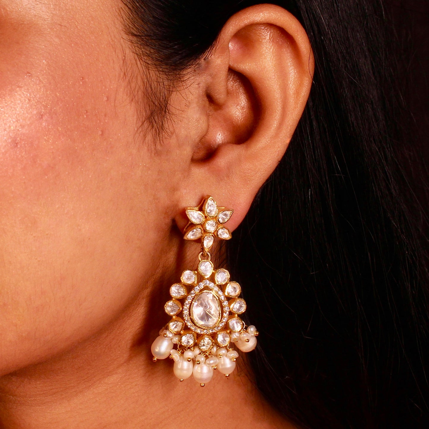 Pearl Cascade Uncut Chandbali Earrings
