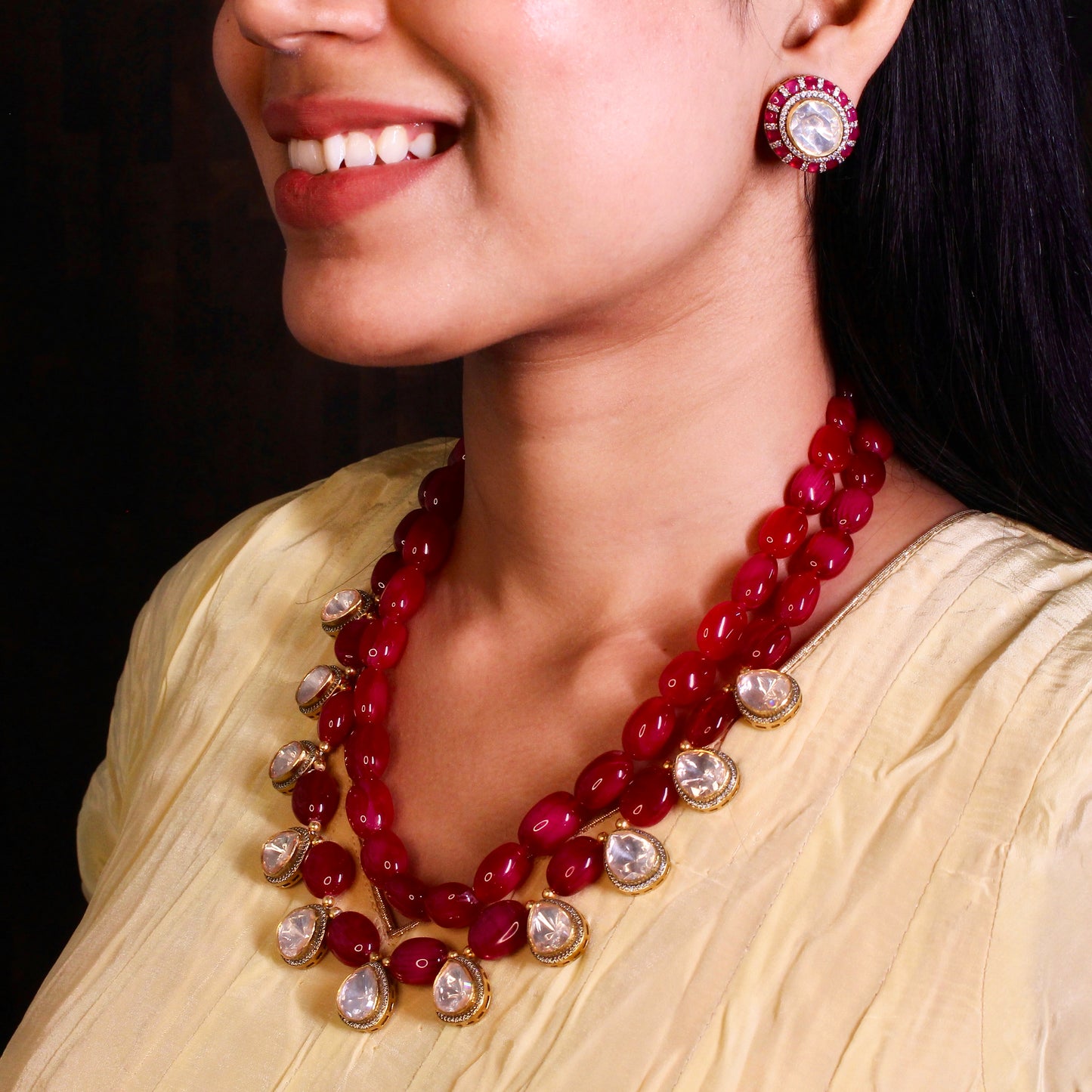 Ruby Beaded Polki Necklace Set