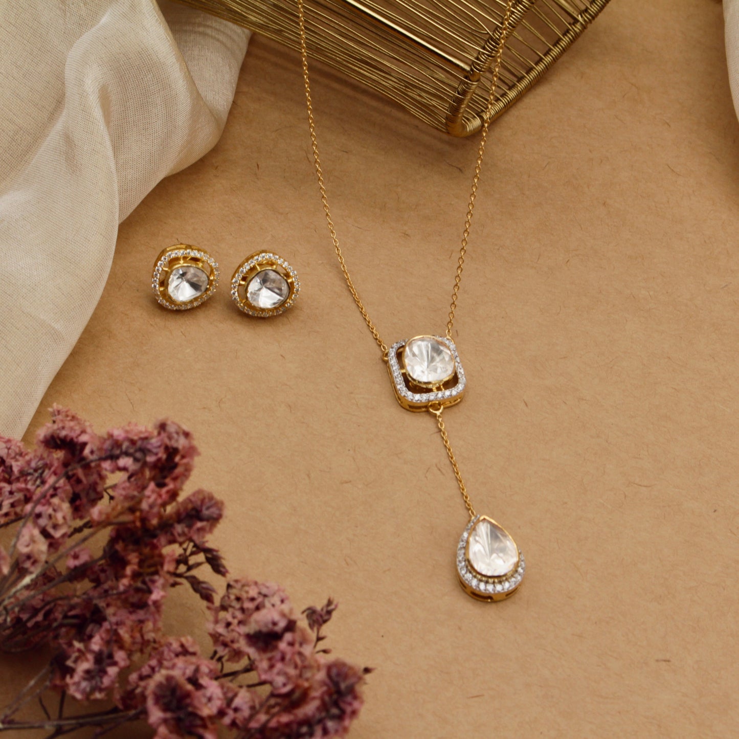 Minimalist Uncut Polki &  Gold Drop Necklace Set