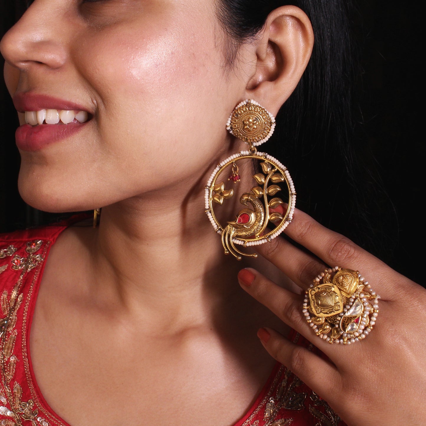 Regal Peacock Kundan Set (Ring & Earring)