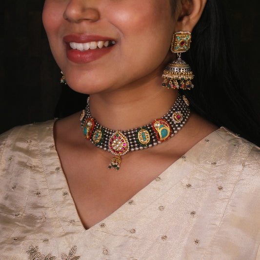 Royal Kundan & Silver Pearl Choker Set